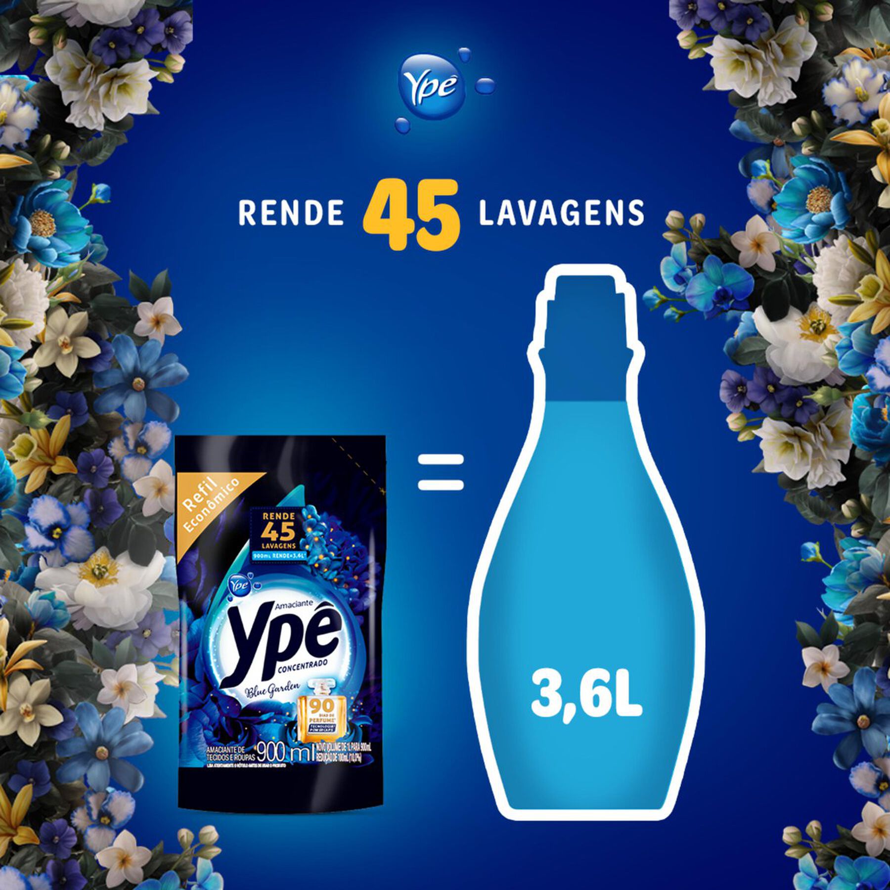 Amaciante de Roupa Concentrado Blue Garden Yp&ecirc; Pouch 900ml Refil Econ&ocirc;mico