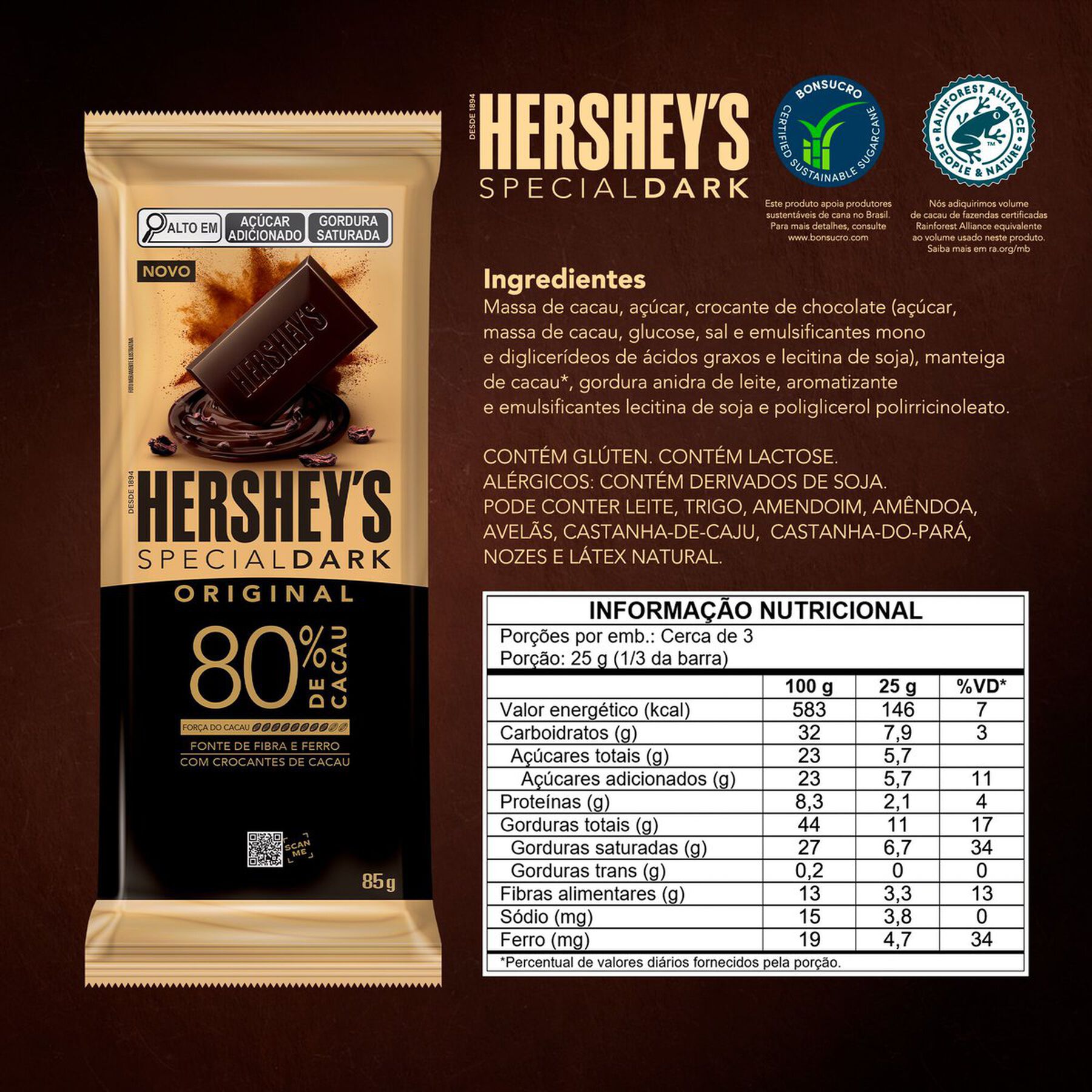 Chocolate 80% Cacau Tradicional Hershey's Special Dark Pacote 85g