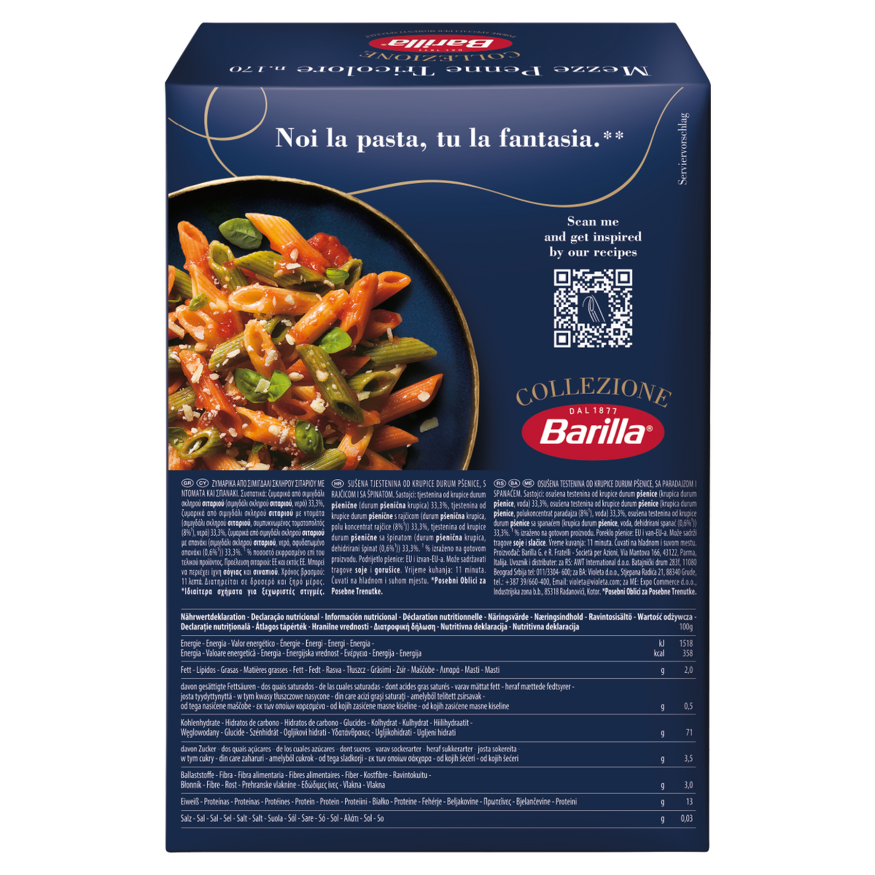 Macarr&atilde;o de S&ecirc;mola de Trigo Duro Tricolore Mezze Penne 170 Barilla Collezione Caixa 500g&nbsp;