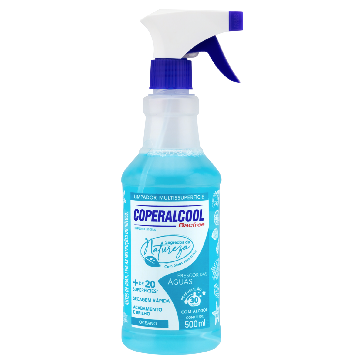 Limpador L&iacute;quido Multissuperf&iacute;cies com &Aacute;lcool Frescor das &Aacute;guas Segredos da Natureza Bacfree Coperalcool Frasco 500ml Borrifador