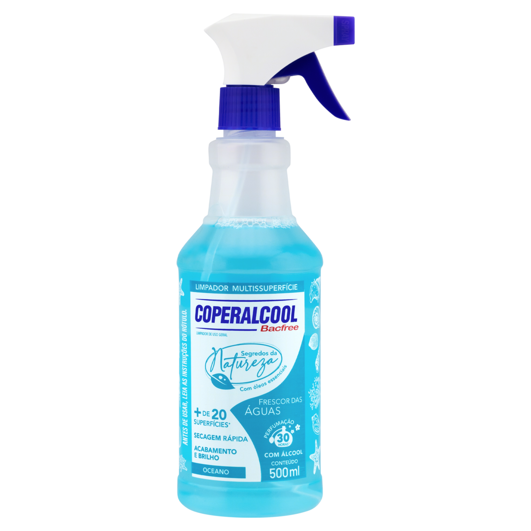 Limpador Líquido Multissuperfícies com Álcool Frescor das Águas Segredos da Natureza Bacfree Coperalcool Frasco 500ml Borrifador