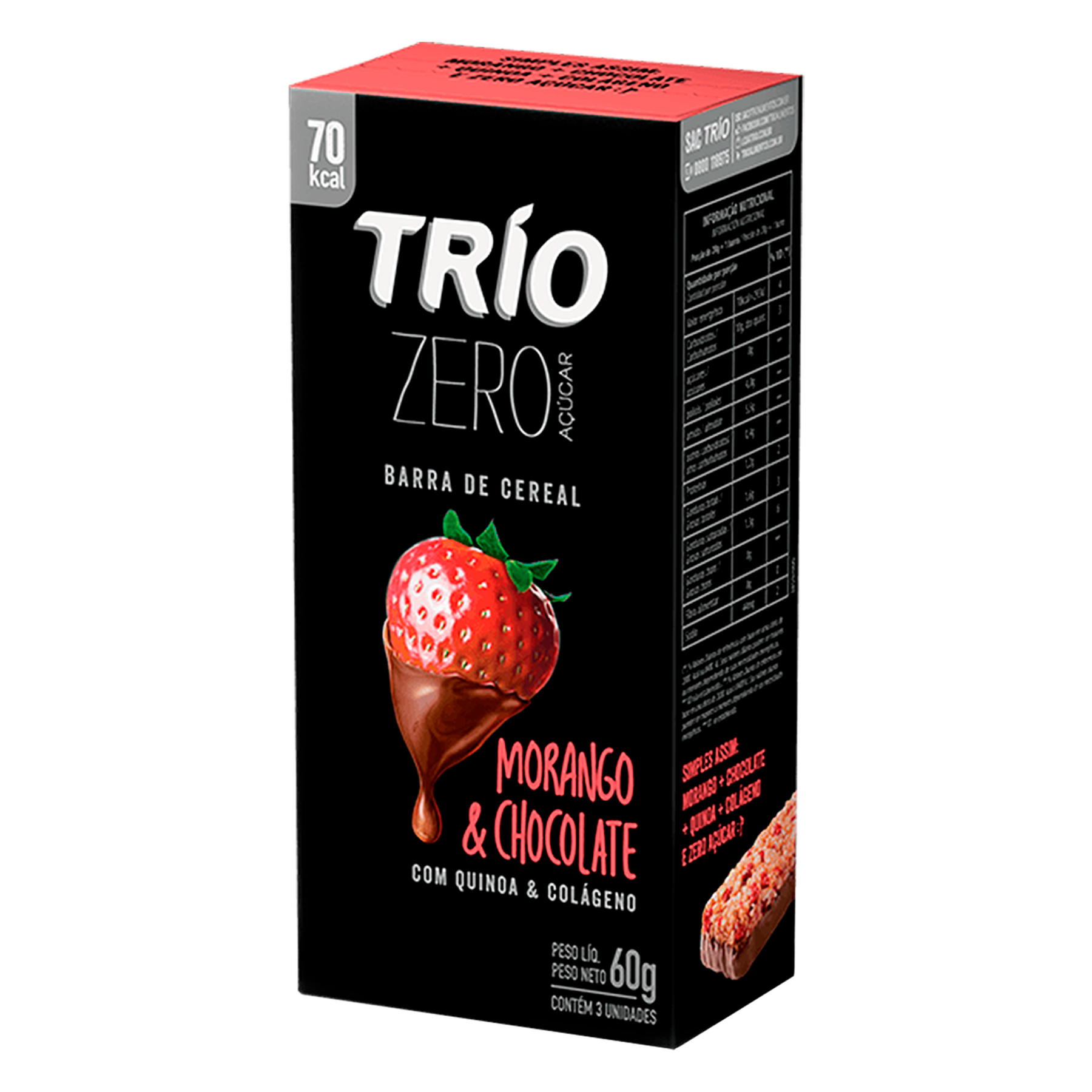 Barra de Cereais Morango e Chocolate Zero Açúcar Trio 54g C/3 Unidades