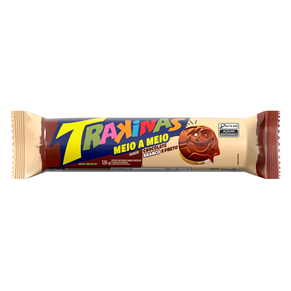 Biscoito Recheio Chocolate Branco e Preto Trakinas Pacote 126g&nbsp;