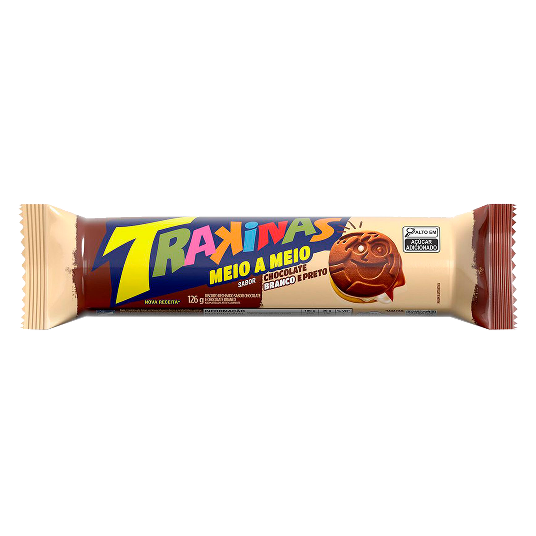 Biscoito Recheio Chocolate Branco e Preto Trakinas Pacote 126g&nbsp;