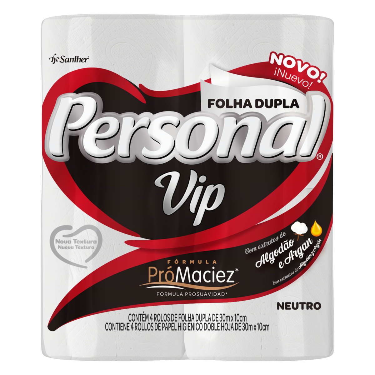 Papel Higi&ecirc;nico Folha Dupla Neutro Personal Vip 30m Pacote C/4 Unidades