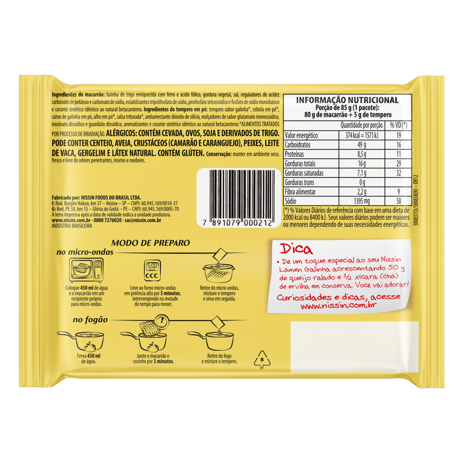 Macarr&atilde;o Instant&acirc;neo L&aacute;men Galinha Nissin Miojo Pacote 85g