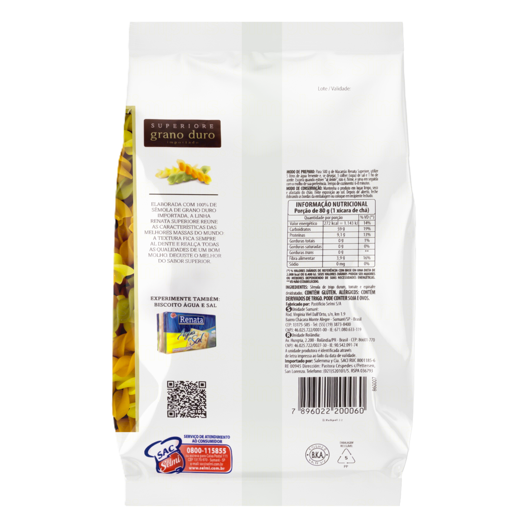 Macarrão de Sêmola de Trigo com Vegetais Grano Duro Tricolori Fusilli Renata Superiore Pacote 500g