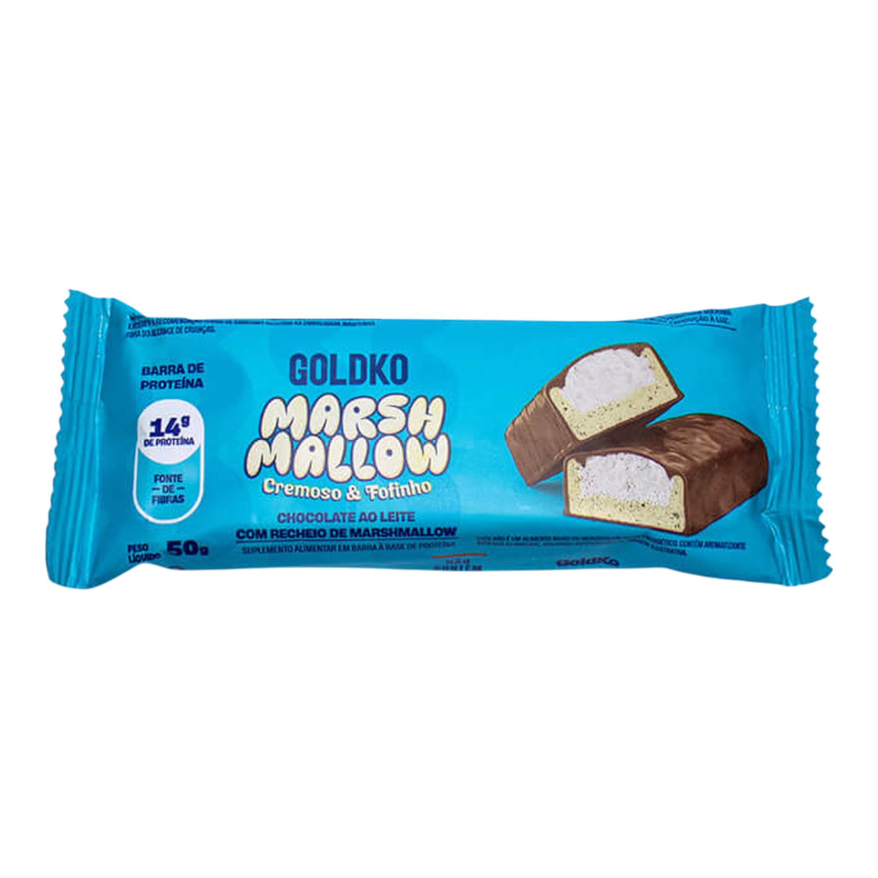 Barra Prote&iacute;na Marshmallow Cobertura Chocolate ao Leite Goldko Pacote 50g
