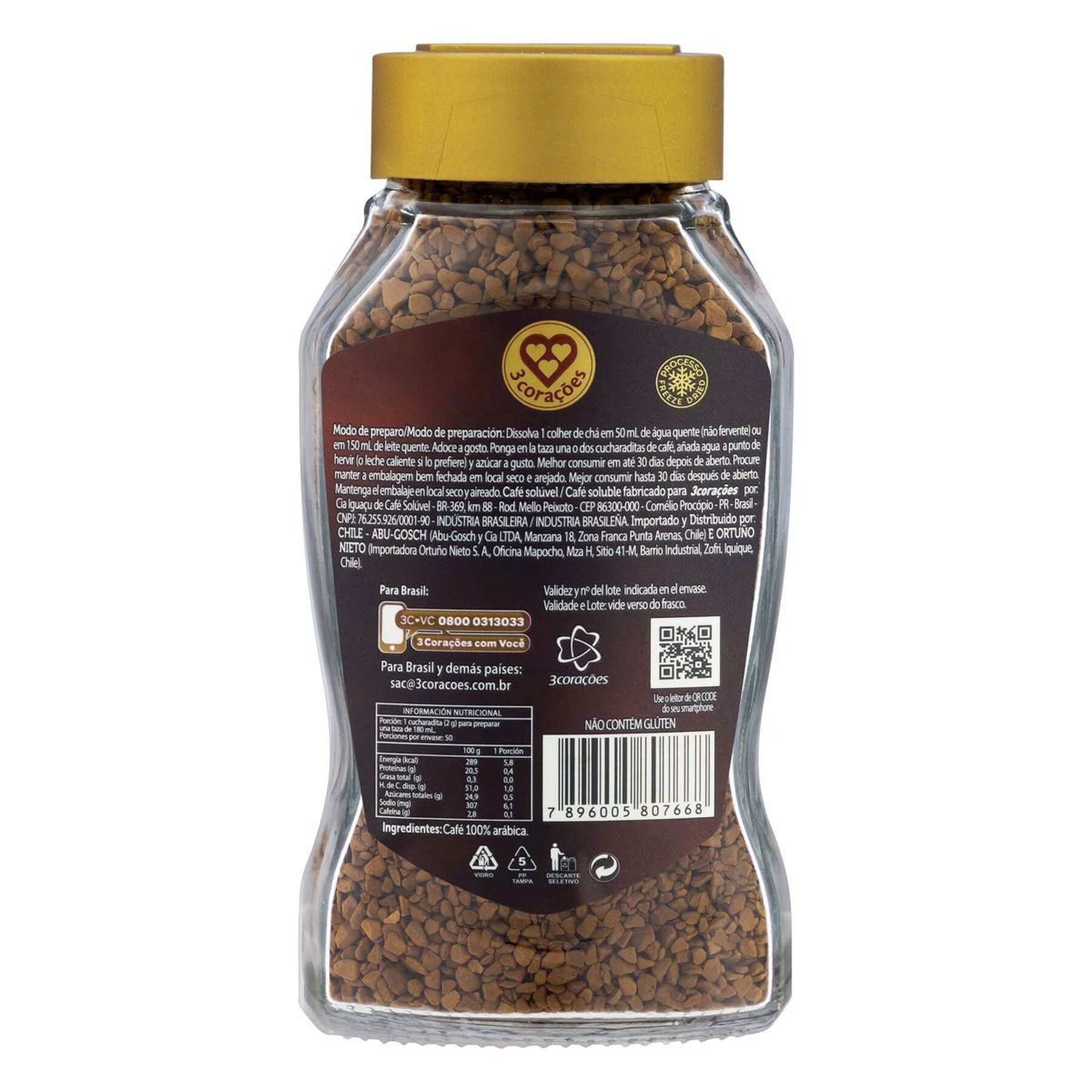 Café Solúvel Liofilizado 3 Corações Vidro 100g