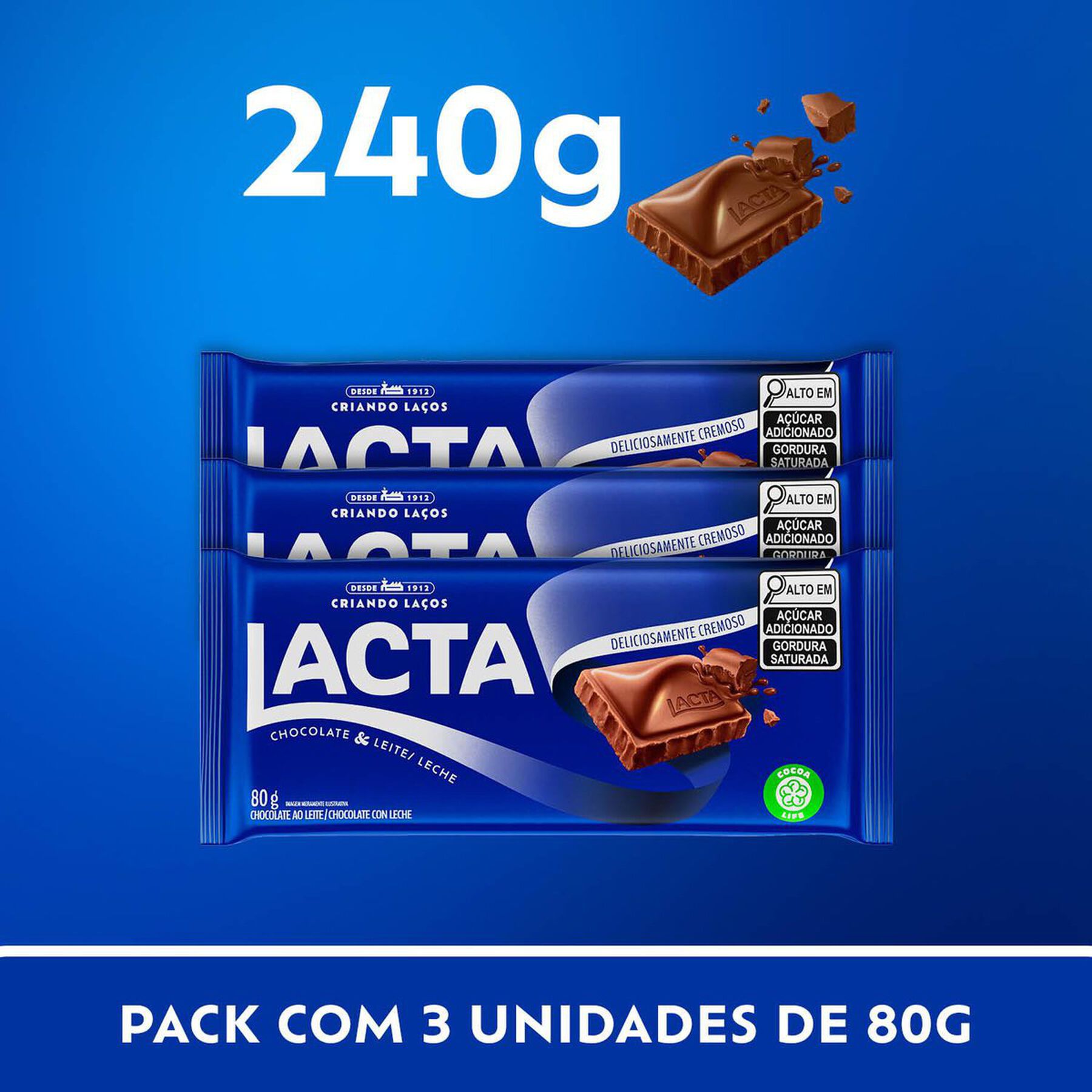 Chocolate ao Leite Lacta 240g C/3 Unidades - Embalagem Leve 3 Pague Menos
