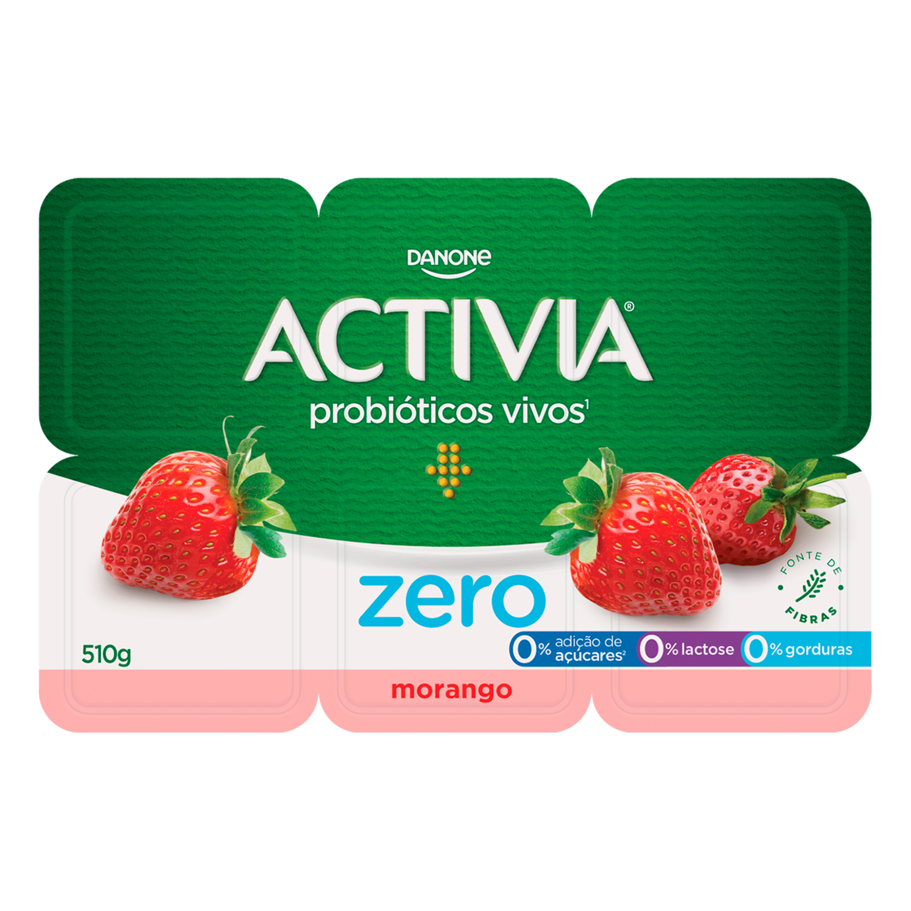 Leite Fermentado Desnatado Morango Zero Activia Danone Bandeja 510g C/6 Unidades