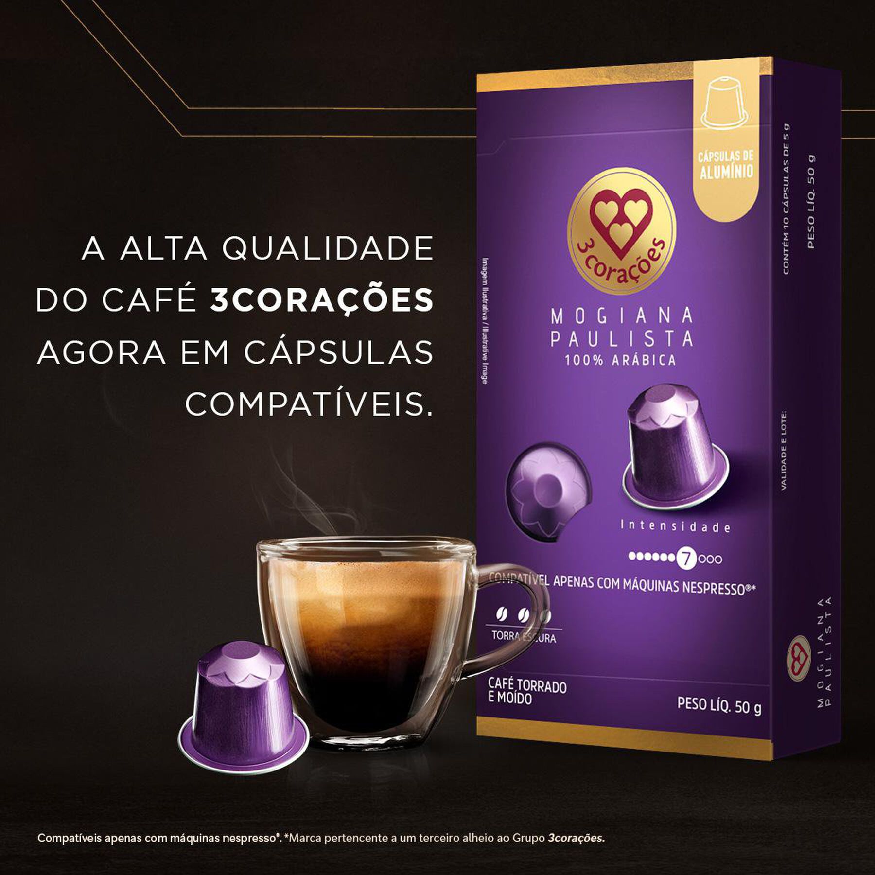Café em Cápsula Torrado e Moído Mogiana Paulista 3 Corações Caixa 50g C/10 Unidades