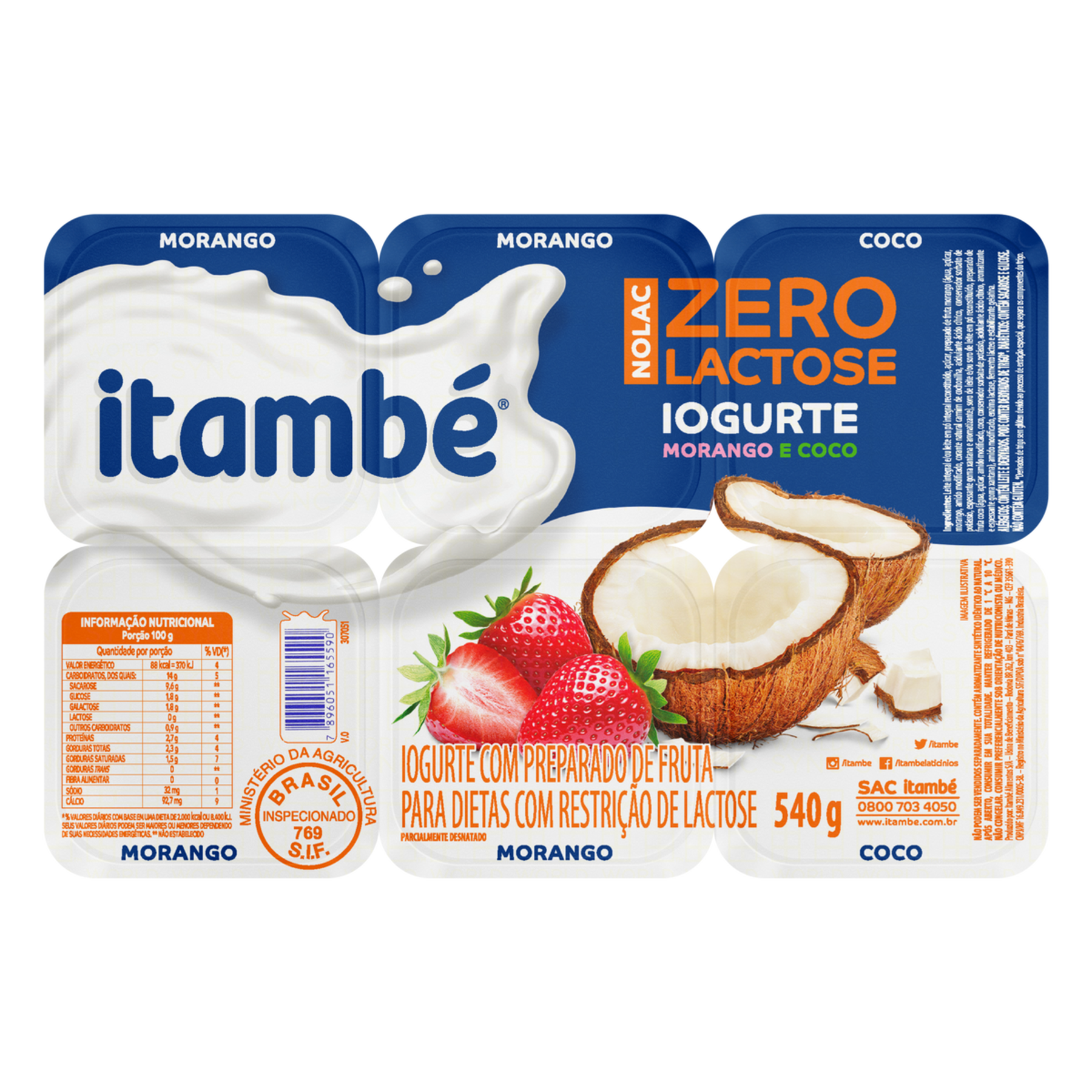 Iogurte Parcialmente Desnatado Morango + Coco Zero Lactose Itambé Nolac Bandeja 540g 6 Unidades