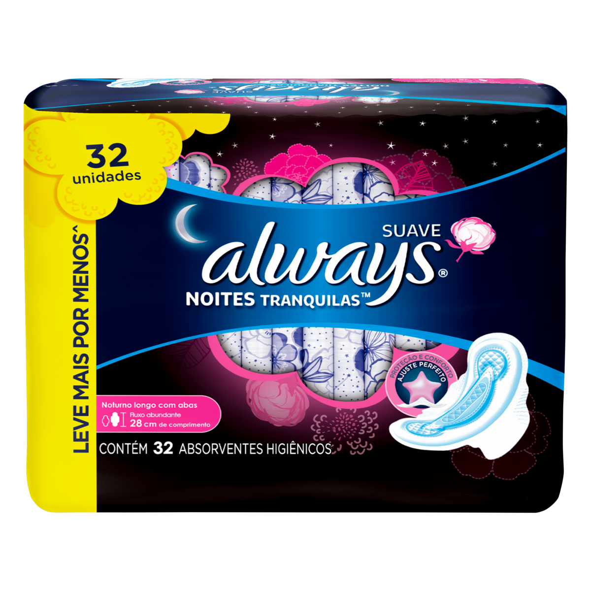 Absorvente com Abas Suave Always Noites Tranquilas Pacote 32 Unidades Leve Mais Pague Menos