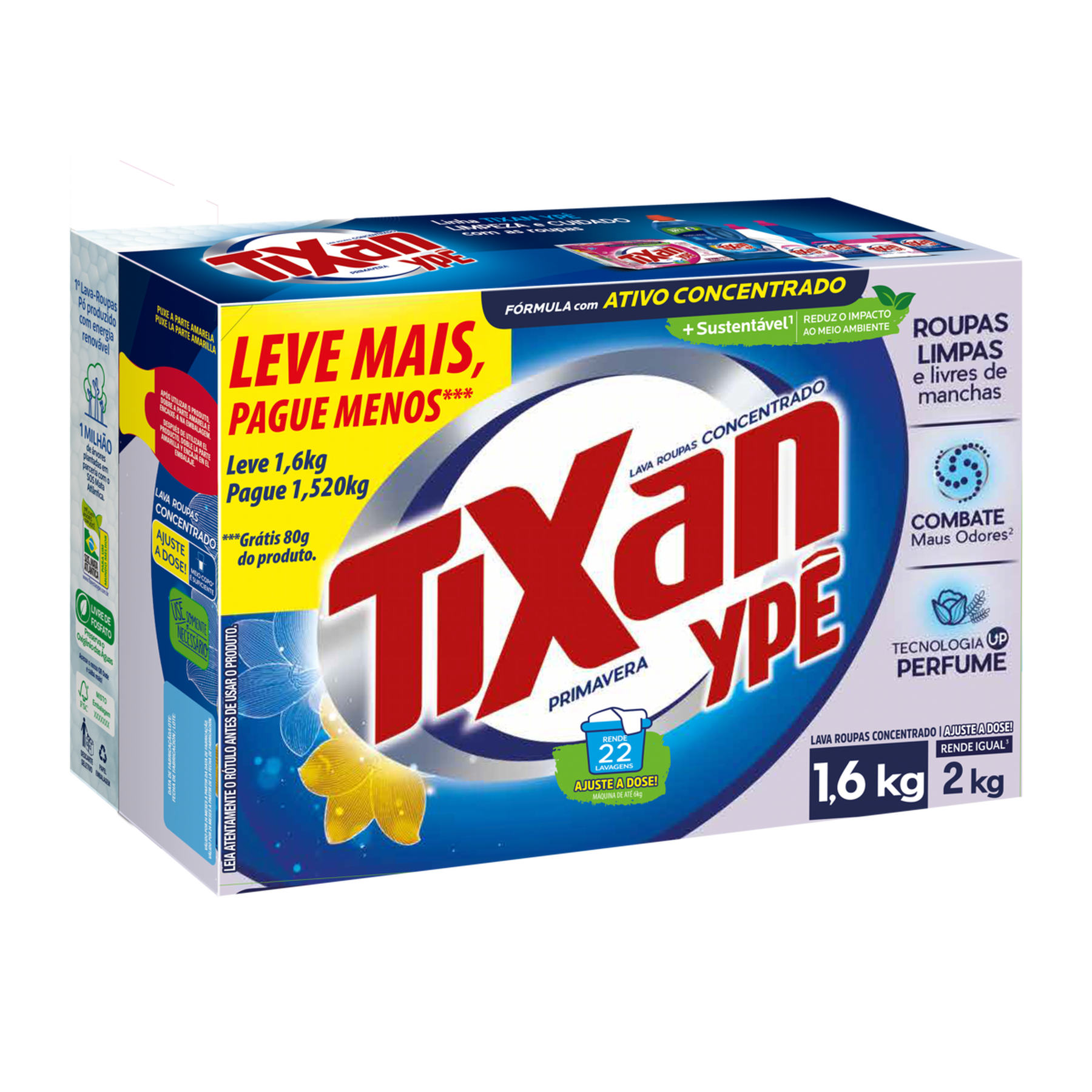 Sabão em Pó Concentrado Primavera Tixan Ypê Caixa 1,6kg - Embalagem Leve 1,6kg Pague 1,52kg