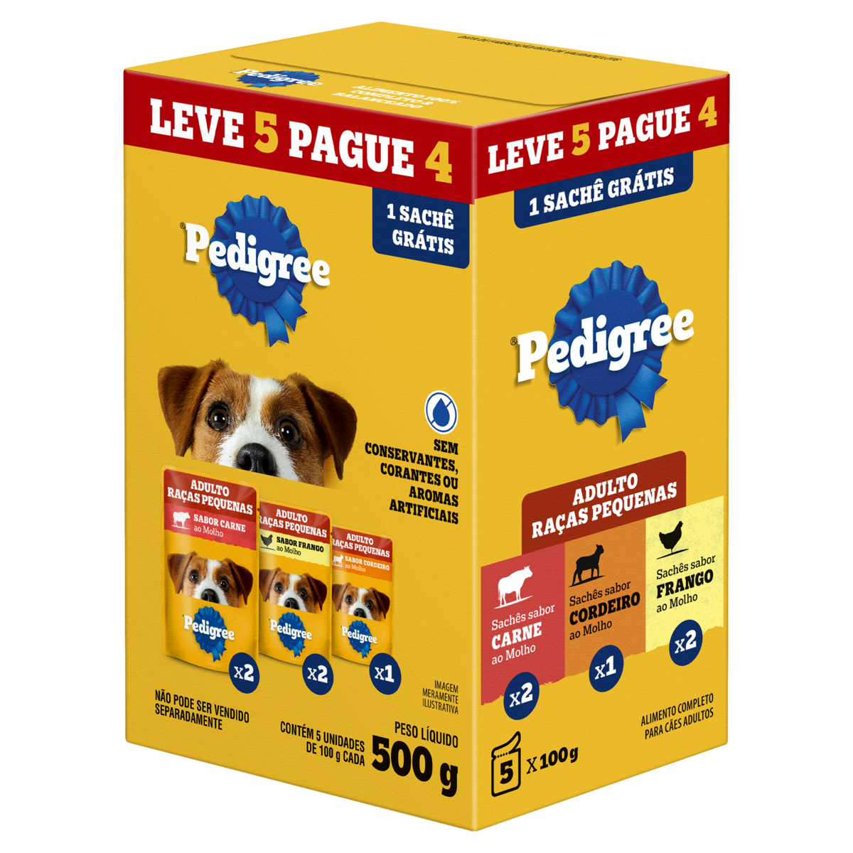 Kit 2 Alimentos para C&atilde;es Adultos Ra&ccedil;as Pequenas Carne + 2 Frango + 1 Cordeiro ao Molho Pedigree 100g Cada Leve 5 Pague 4 Unidades