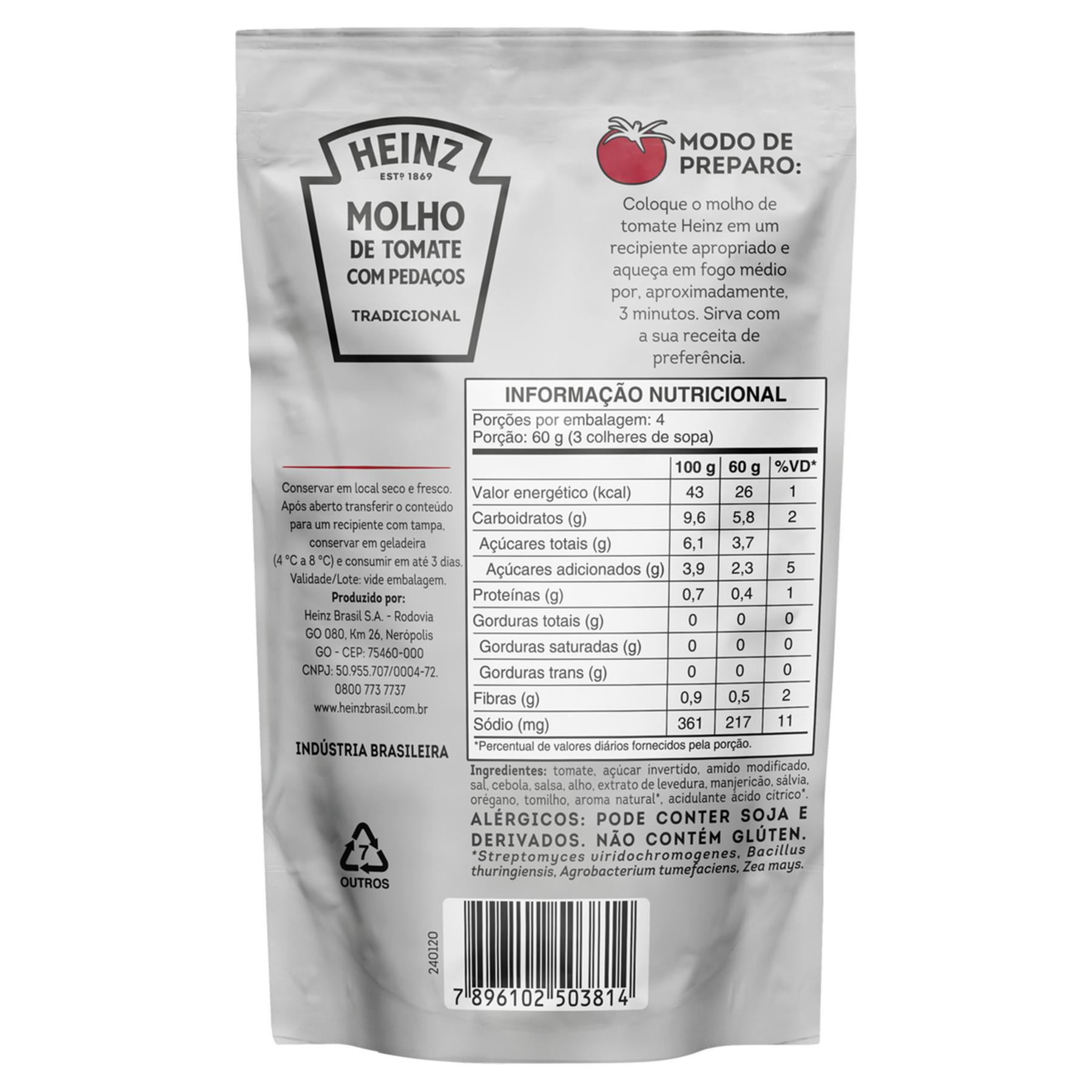 Molho de Tomate com Pedaços Tradicional Heinz Sachê 240g