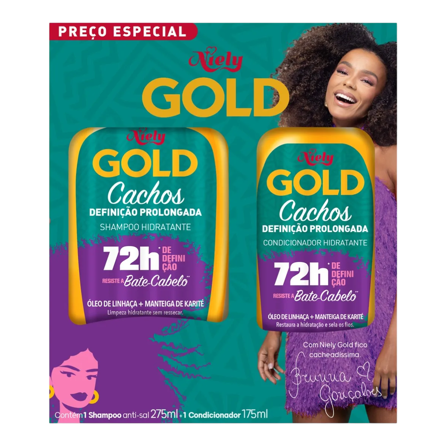 Kit Shampoo Hidratante 275ml + Condicionador Hidratante 175ml Niely Gold Cachos Defini&ccedil;&atilde;o Prolongada