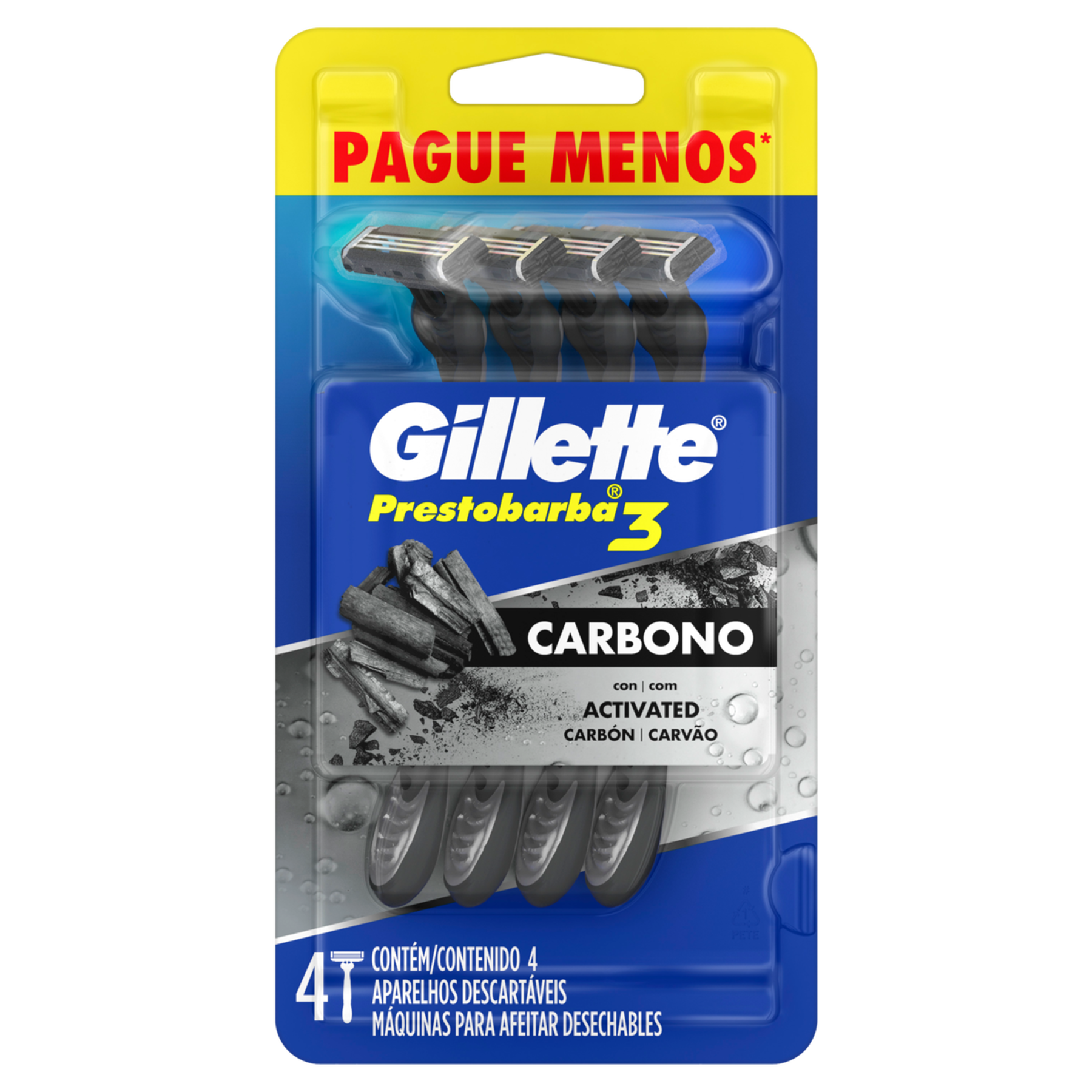 Aparelho Descart&aacute;vel para Barbear Carbono Prestobarba3 Gillette C/4 Unidades - Embalagem Pague Menos