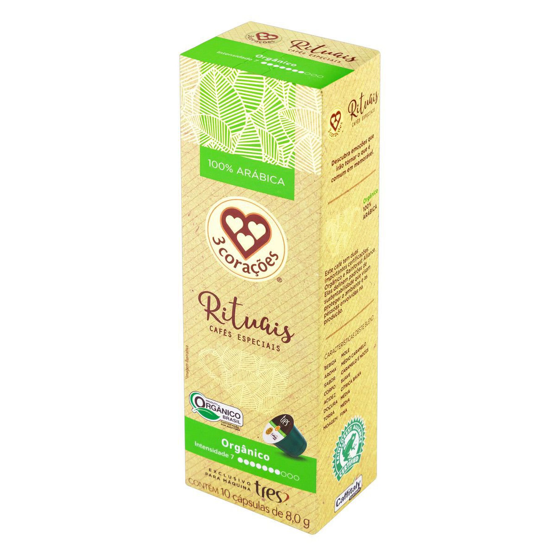 Café em Cápsula Torrado e Moído Orgânico 3 Corações Rituais Caixa 80g 10 Unidades