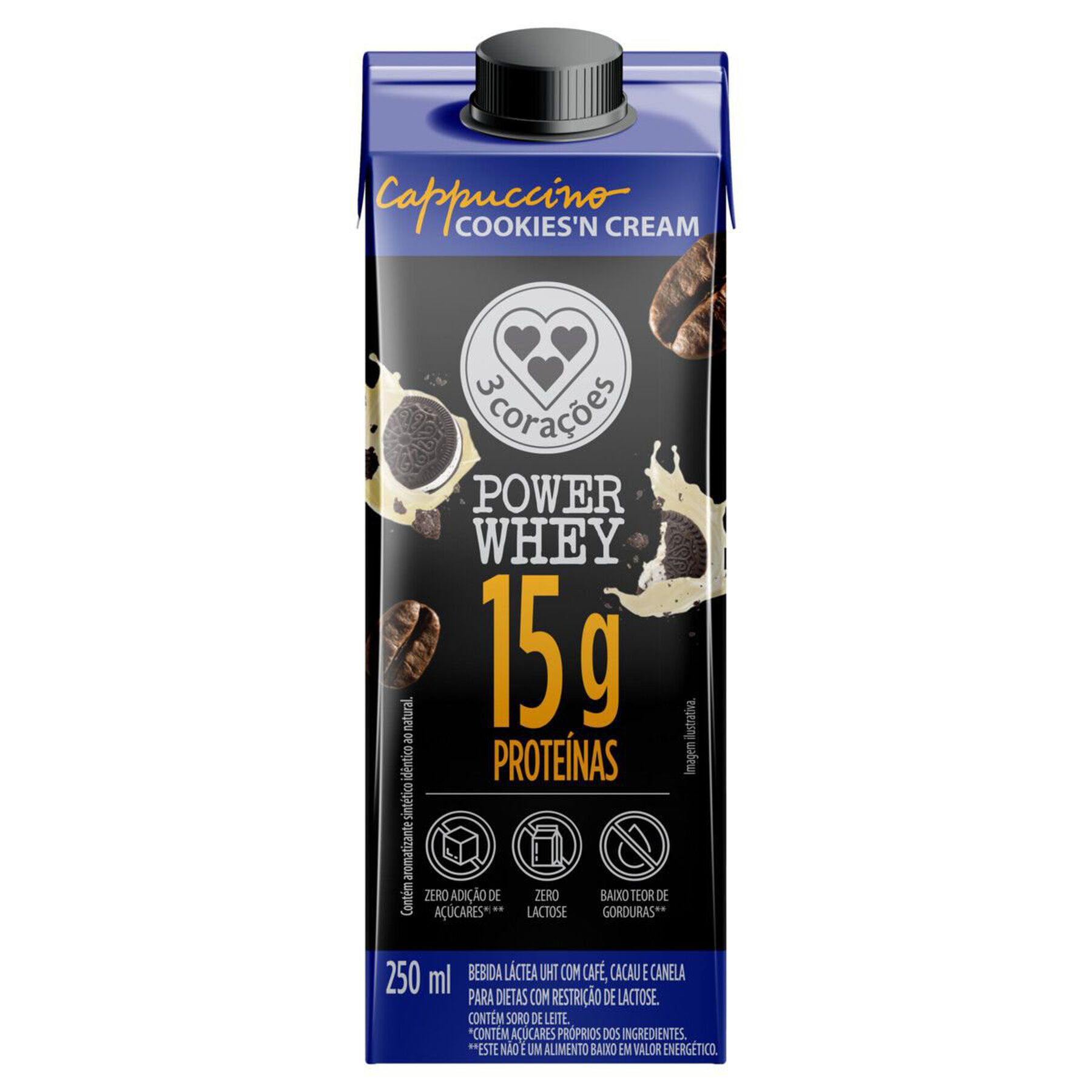 Bebida Láctea UHT Cappuccino Cookies'n Cream Power Whey 3 Corações Caixa 250ml