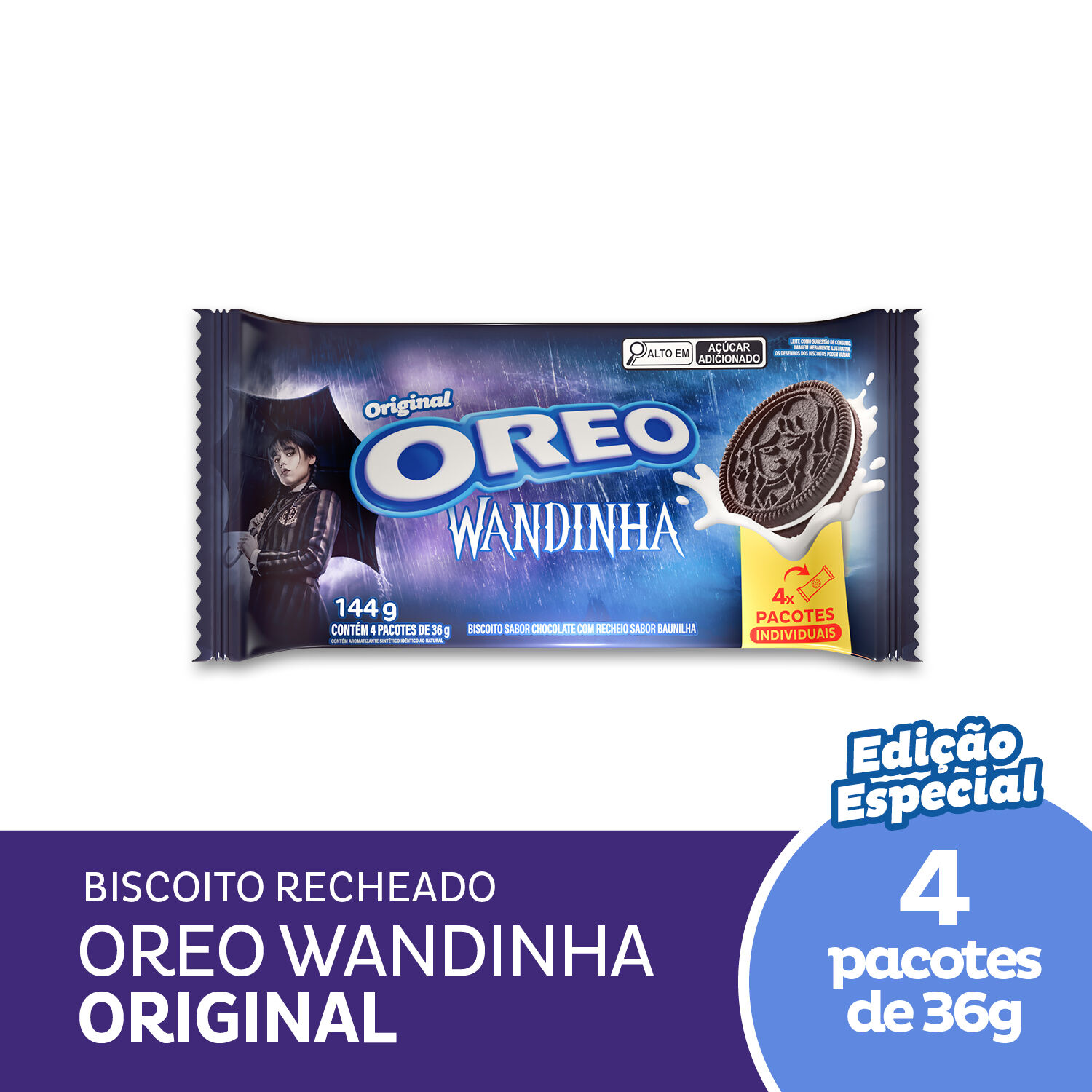 Biscoito Chocolate Recheio Baunilha Oreo Pacote 144g C/4 Unidades