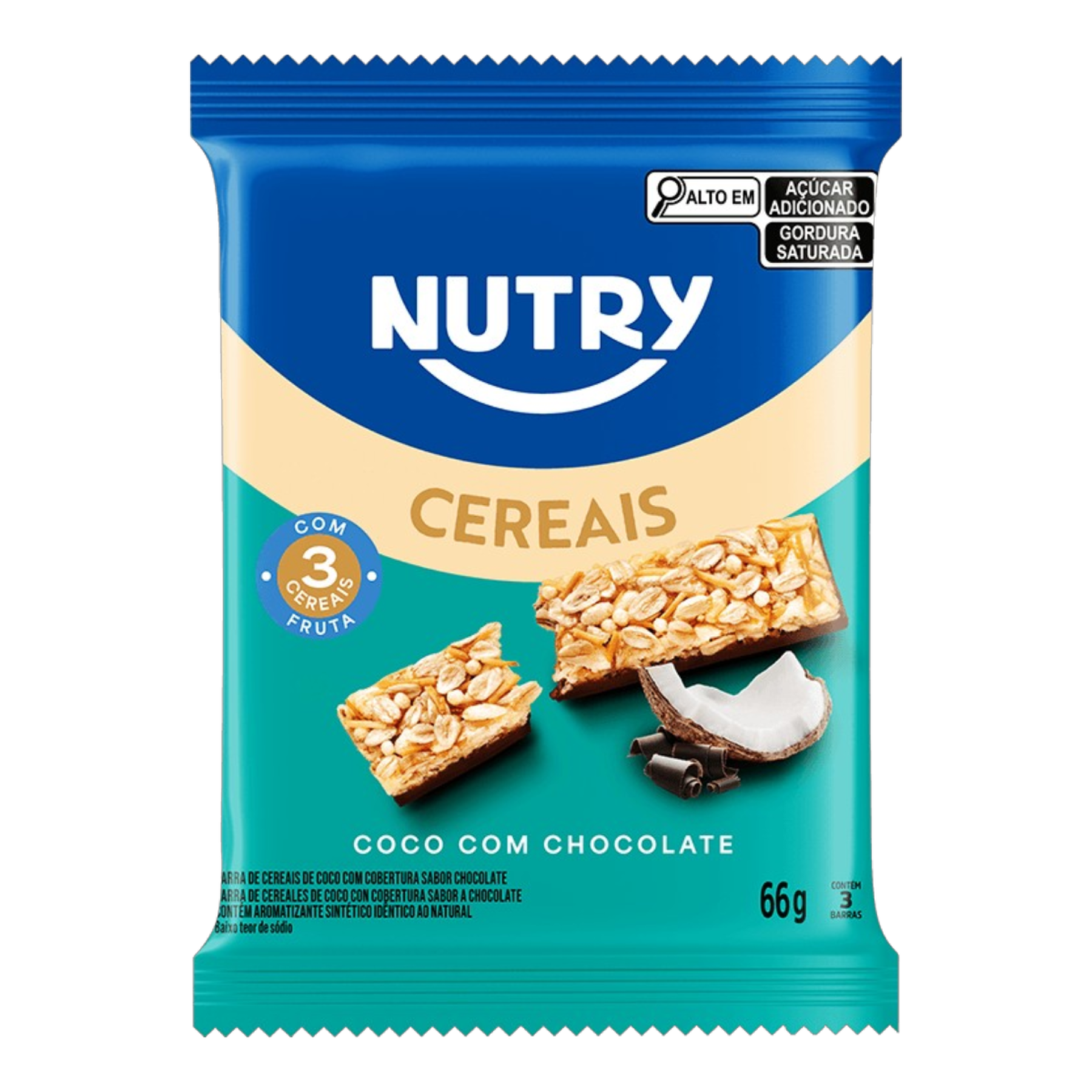 Pack Barra Cereal Coco Cobertura Chocolate Nutry Pacote 66g 3 Unidades