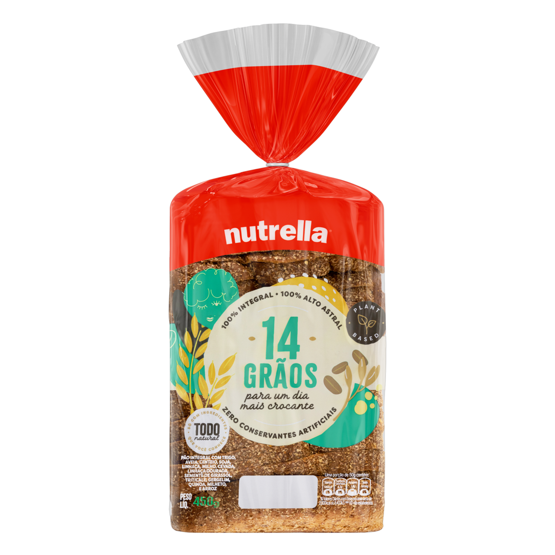P&atilde;o Integral 14 Gr&atilde;os Nutrella Pacote 450g&nbsp;