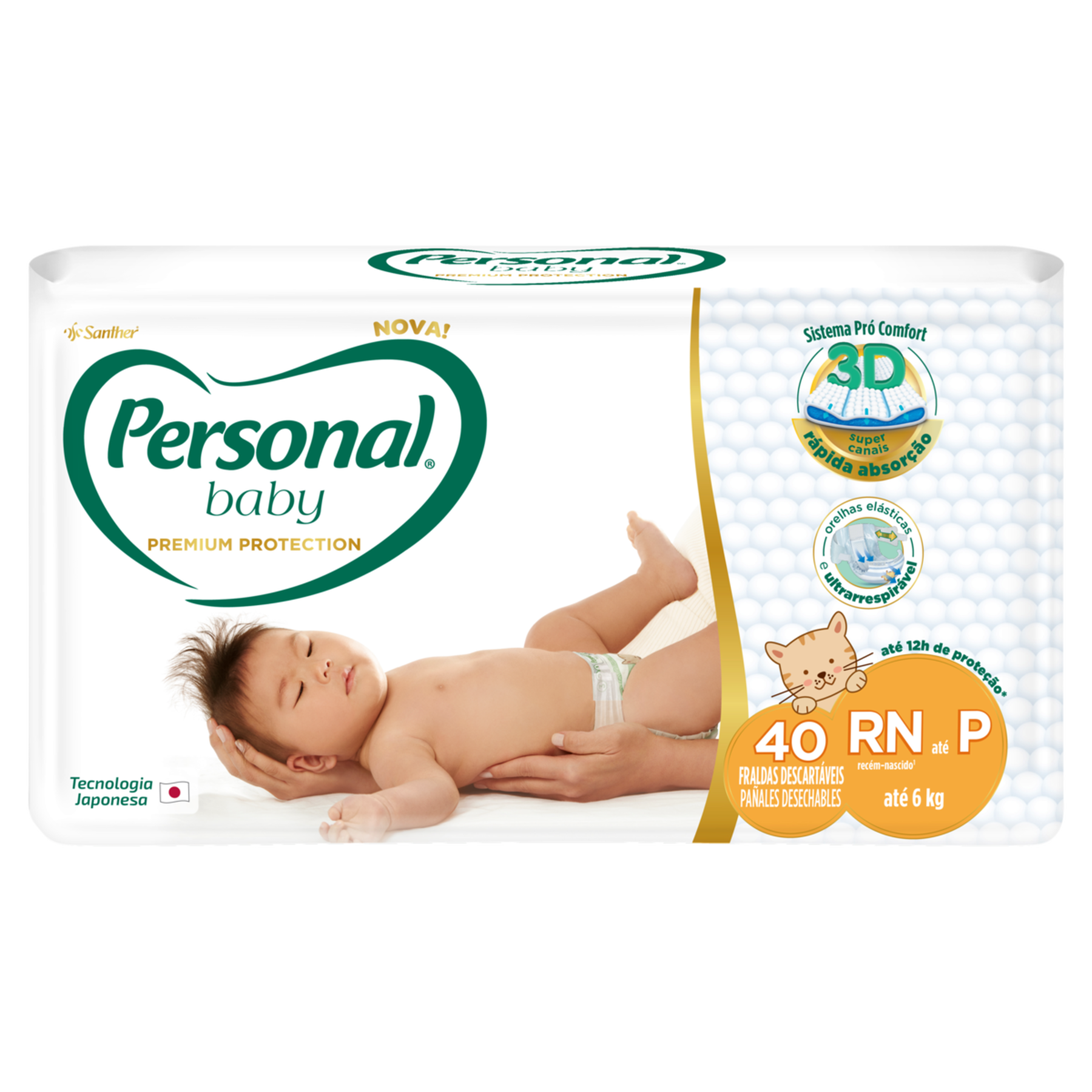 Fralda Descart&aacute;vel Rec&eacute;m-Nascido Personal Baby Premium Protection RN at&eacute; P Pacote C/40 Unidades