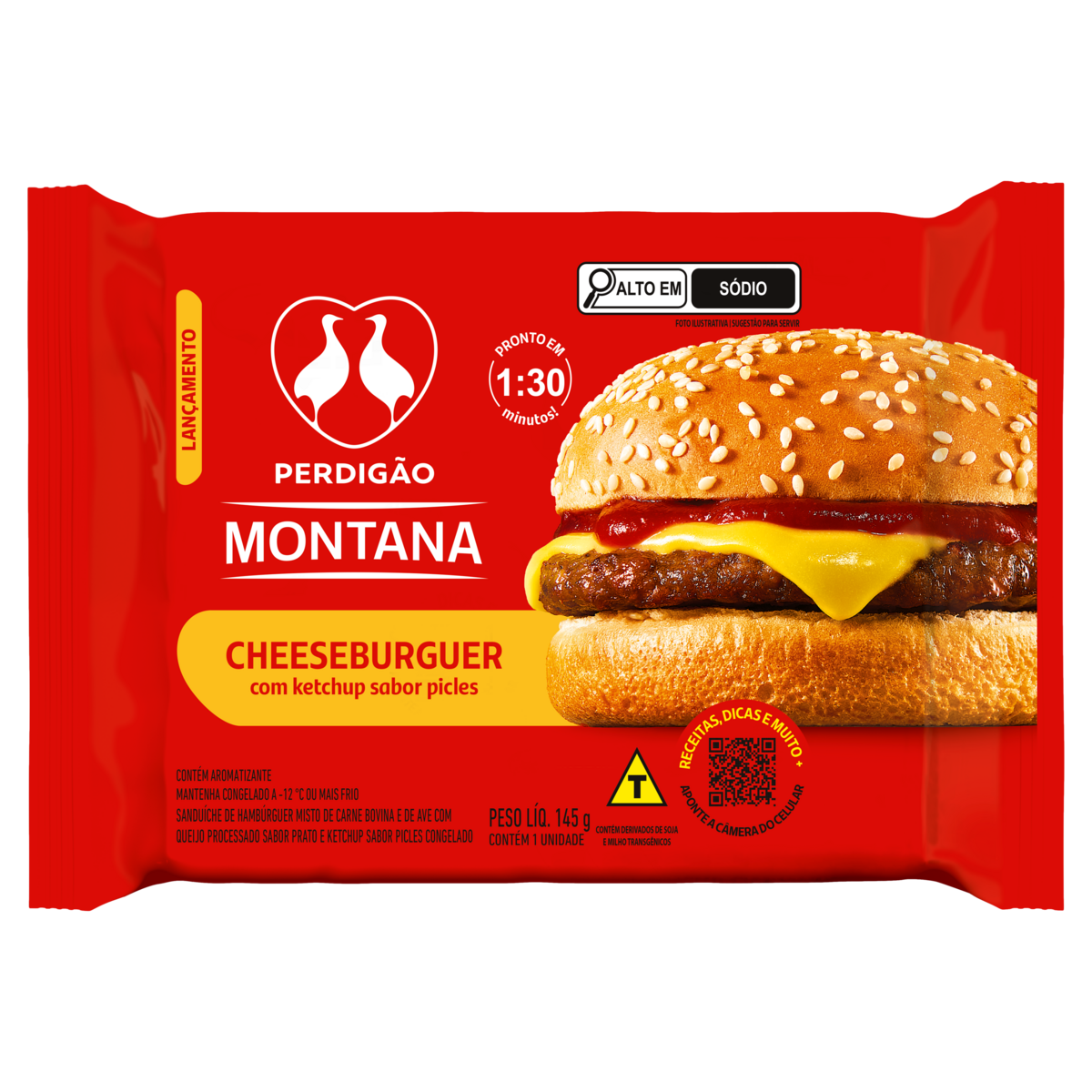 Sandu&iacute;che Cheeseburguer com Ketchup Picles Montana Perdig&atilde;o Pacote 145g