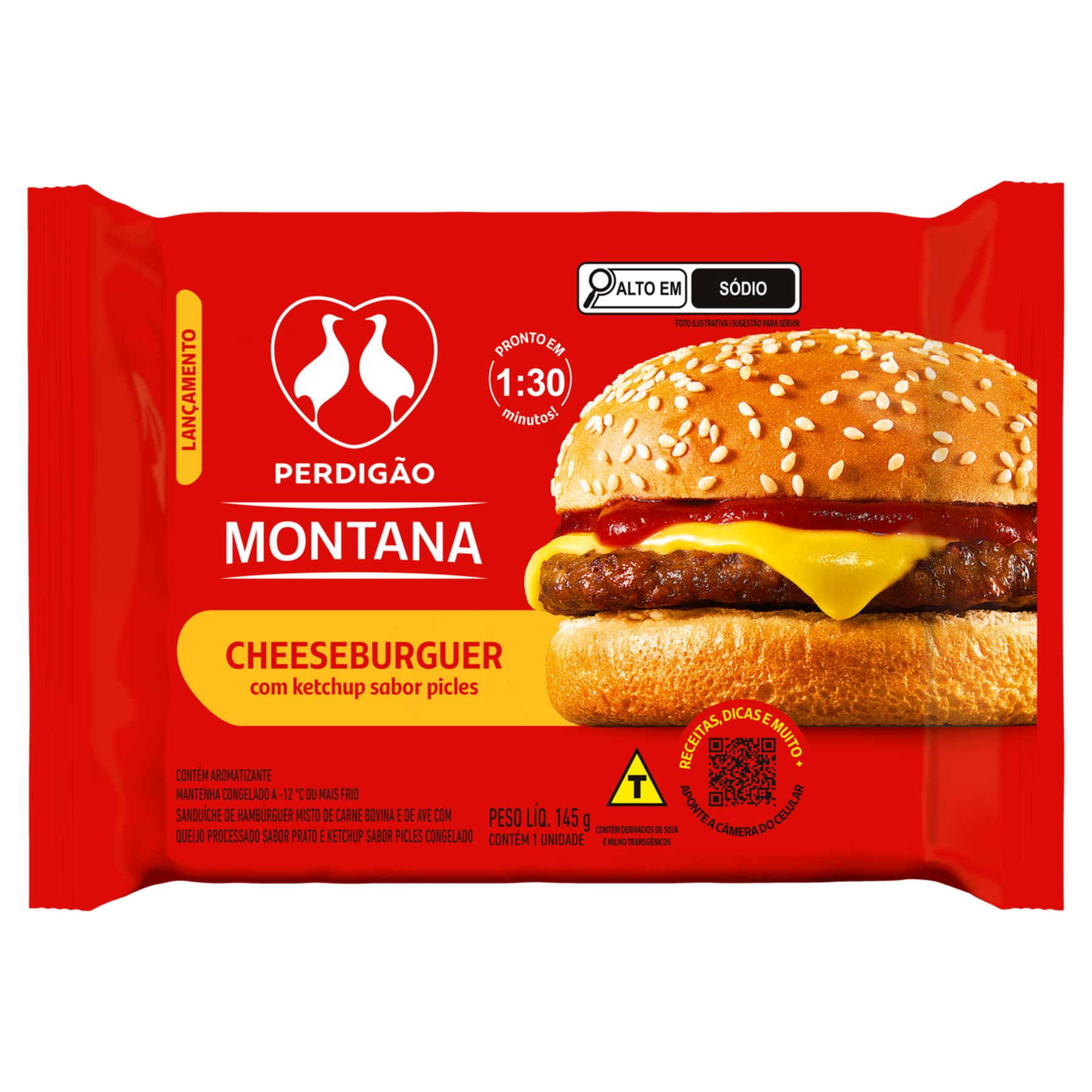 Sanduíche Cheeseburguer com Ketchup Picles Montana Perdigão Pacote 145g