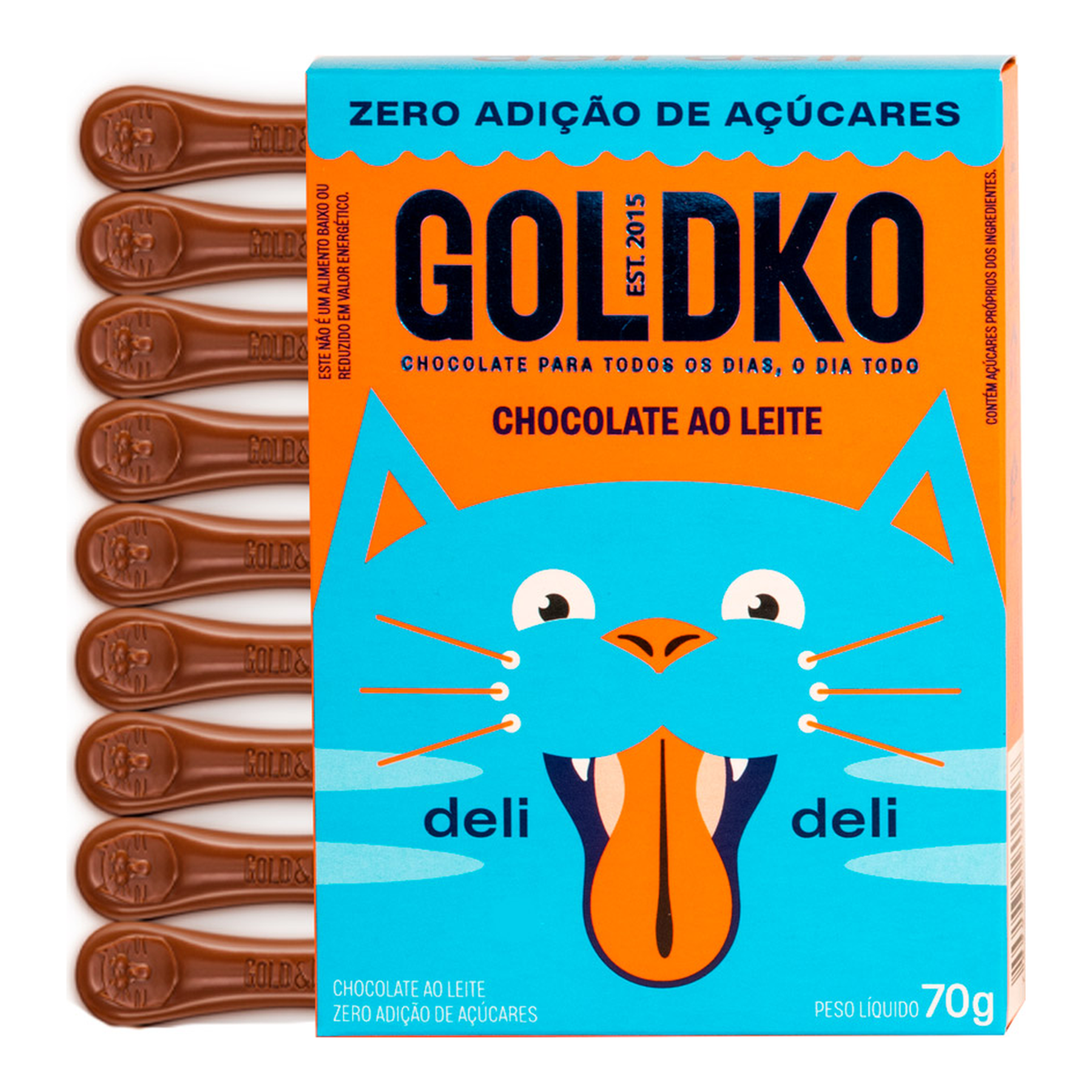 Chocolate ao Leite Zero Adi&ccedil;&atilde;o de A&ccedil;&uacute;cares Deli Deli L&iacute;ngua de Gato Goldko Caixa 70g