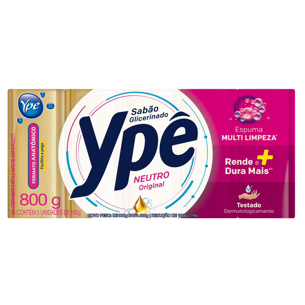 Sab&atilde;o em Barra Glicerinado Neutro Original Yp&ecirc; Pacote 800g C/5 Unidades