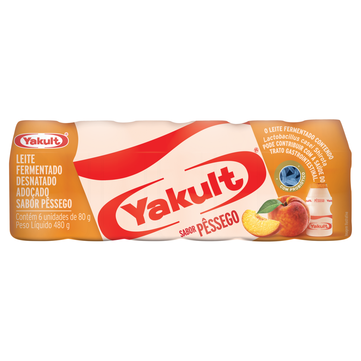 Leite Fermentado Desnatado P&ecirc;ssego Yakult 480g C/6 Unidades