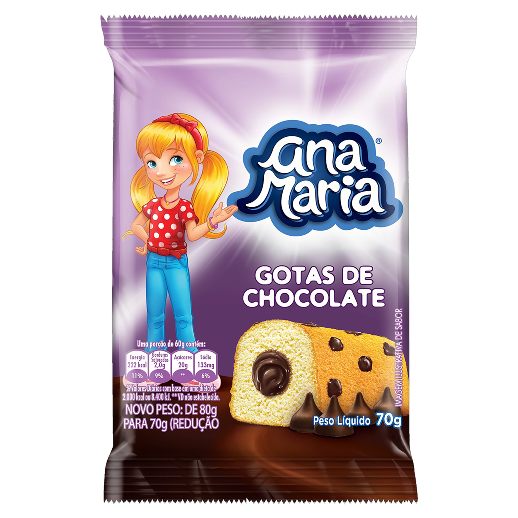 Bolo Baunilha com Gotas de Chocolate Recheio Chocolate Ana Maria Pacote 70g