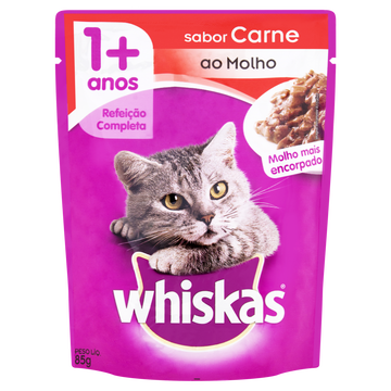 Alimento para Gatos Adultos 1+ Carne ao Molho Whiskas Sachê 85g 