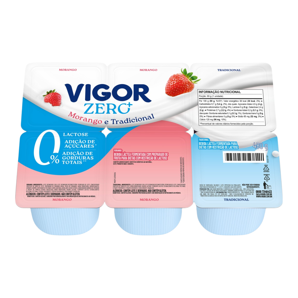 Bebida L&aacute;ctea Fermentada Morango + Tradicional Zero Lactose Vigor Zero+ Bandeja 480g 6 Unidades