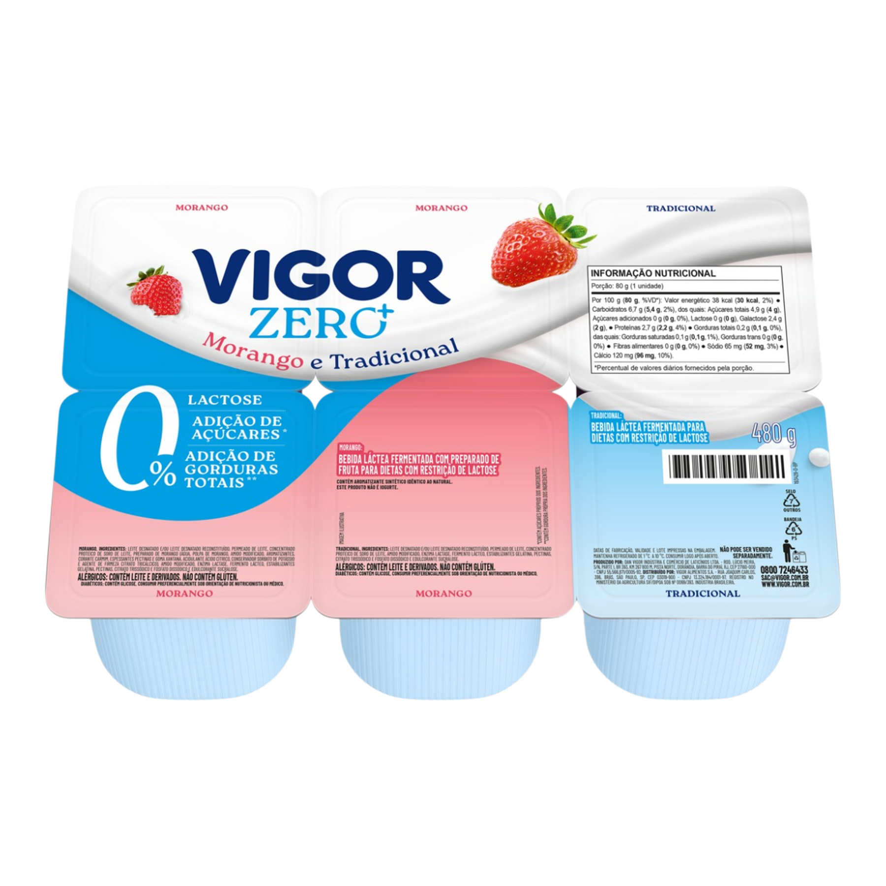 Bebida L&aacute;ctea Fermentada Morango + Tradicional Zero Lactose Vigor Zero+ Bandeja 480g 6 Unidades