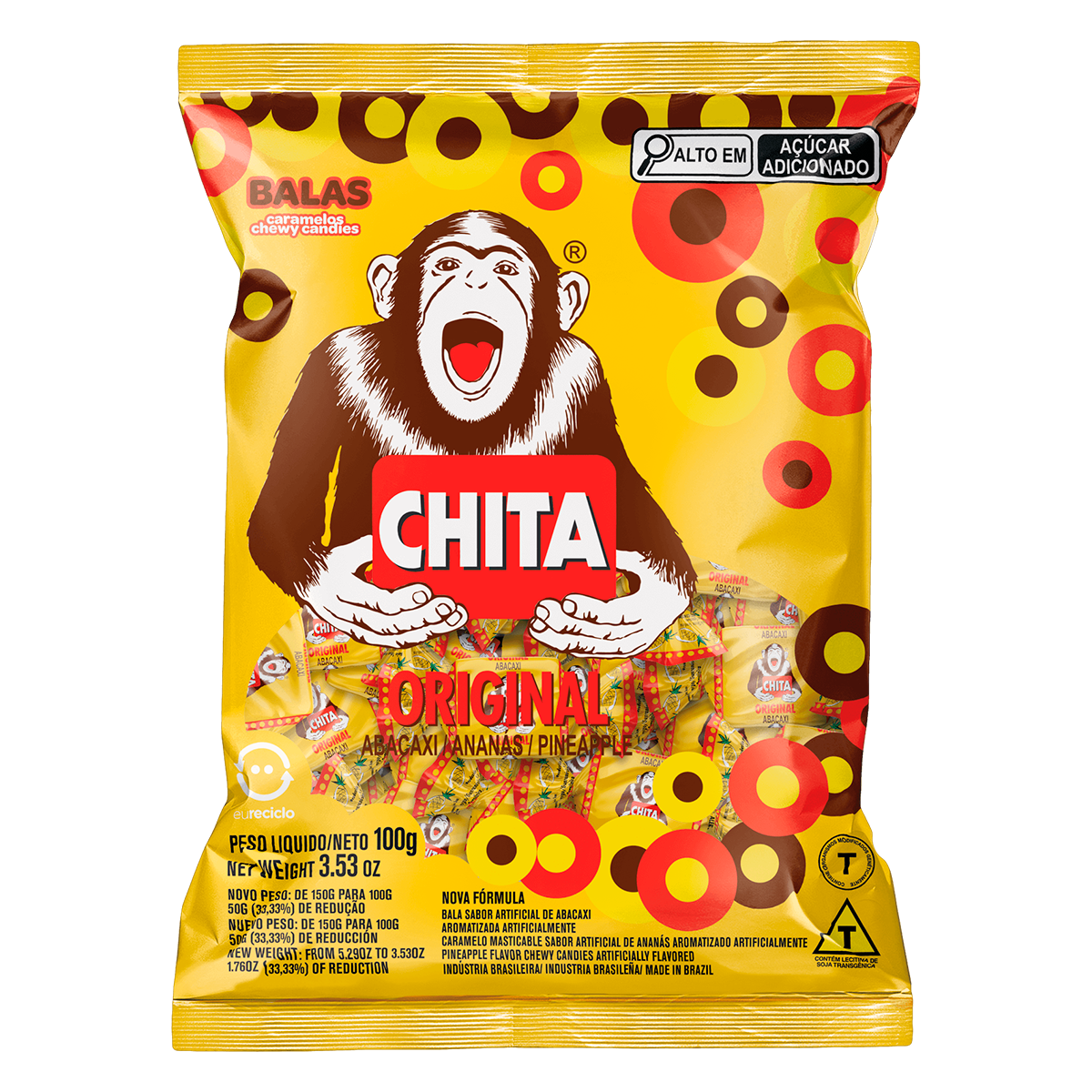 Bala Mastig&aacute;vel Abacaxi Chita Pacote 100g