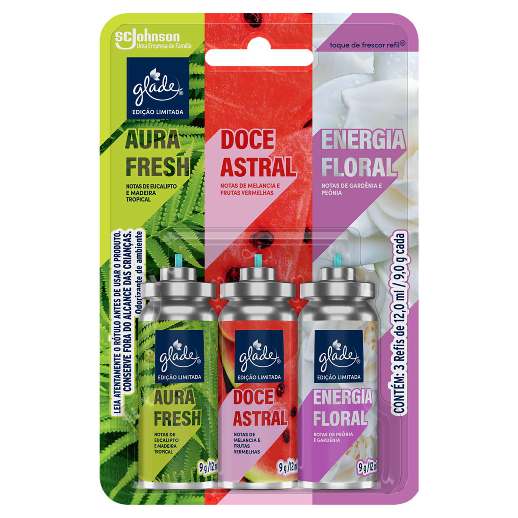 Odorizador de Ambiente Aura Fresh + Doce Astral + Energia Floral Glade Toque de Frescor 12ml Cada Refil