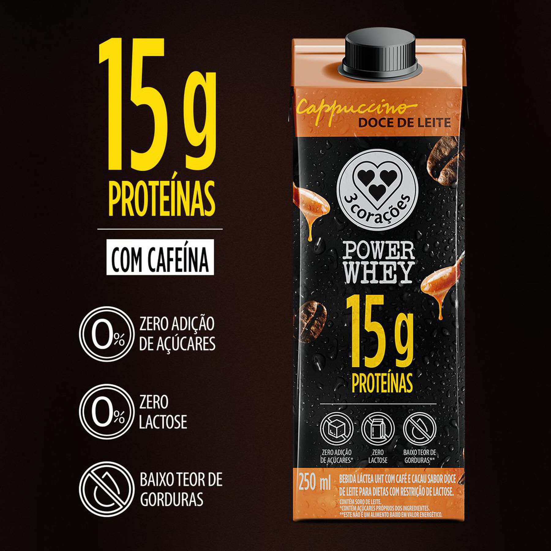 Bebida Láctea UHT Cappuccino Doce de Leite Power Whey 3 Corações Caixa 250ml