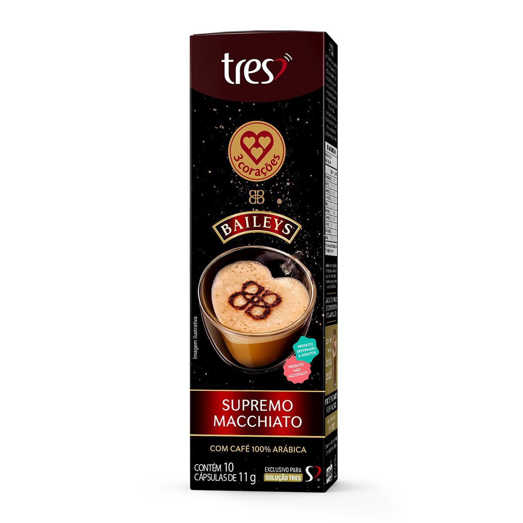 Caf&eacute; com Leite em C&aacute;psula Supremo Macchiato Baileys 3 Cora&ccedil;&otilde;es Caixa 110g C/10 Unidades