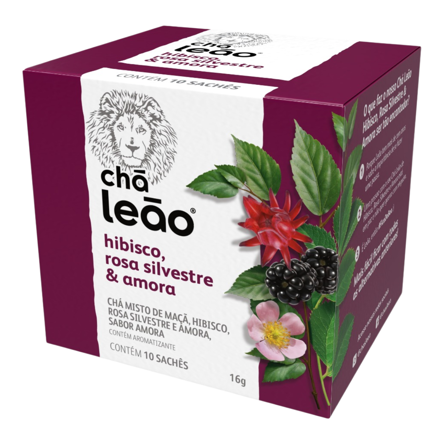Ch&aacute; Hibisco, Rosa Silvestre e Amora Ch&aacute; Le&atilde;o Caixa 16g 10 Unidades