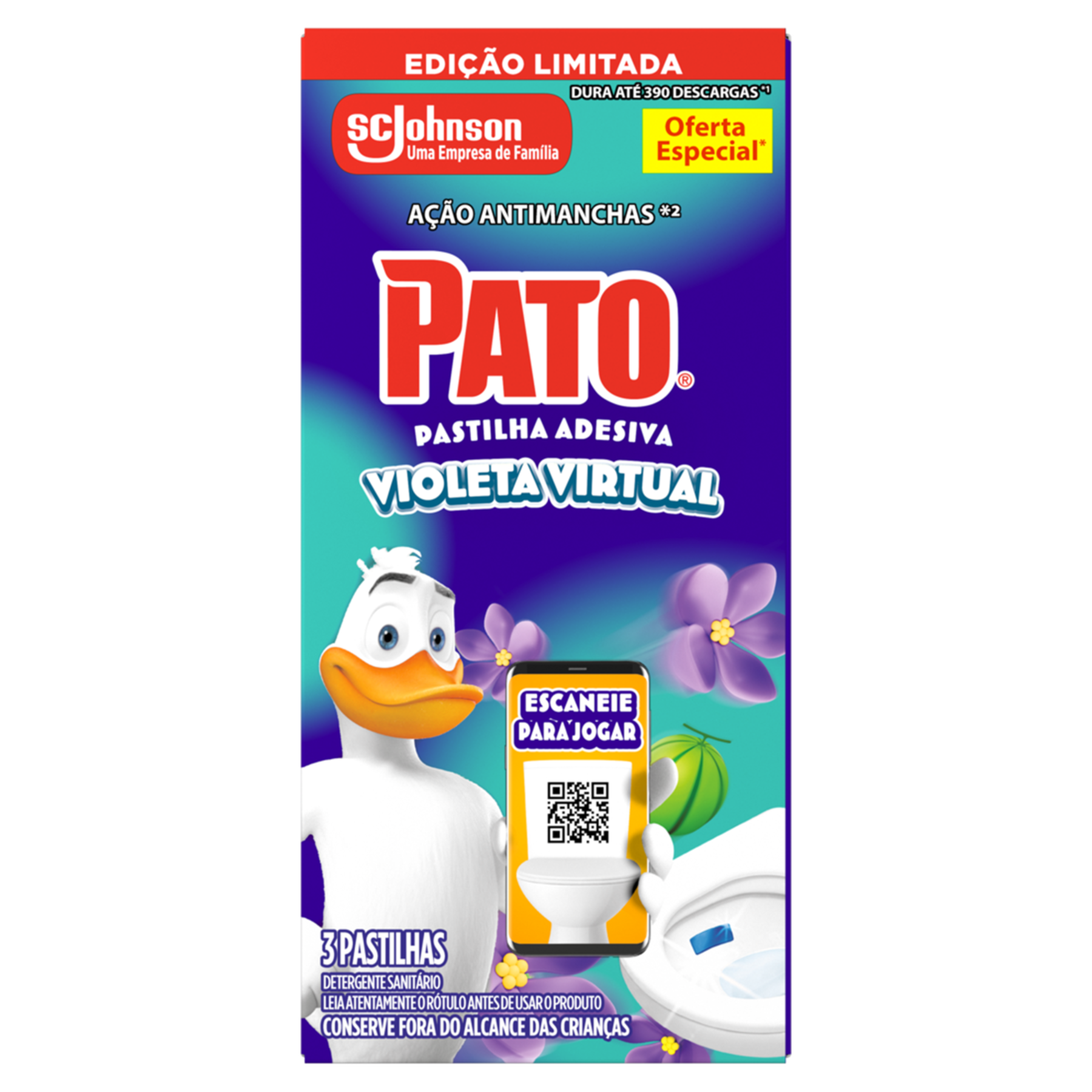 Detergente Sanit&aacute;rio Pastilha Adesiva Violeta Virtual Pato C/3 Unidades