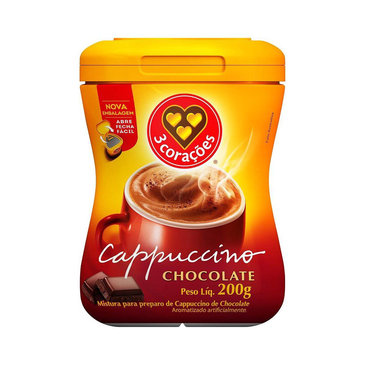 Cappuccino Sol&uacute;vel Chocolate 3 Cora&ccedil;&otilde;es Pote 200g