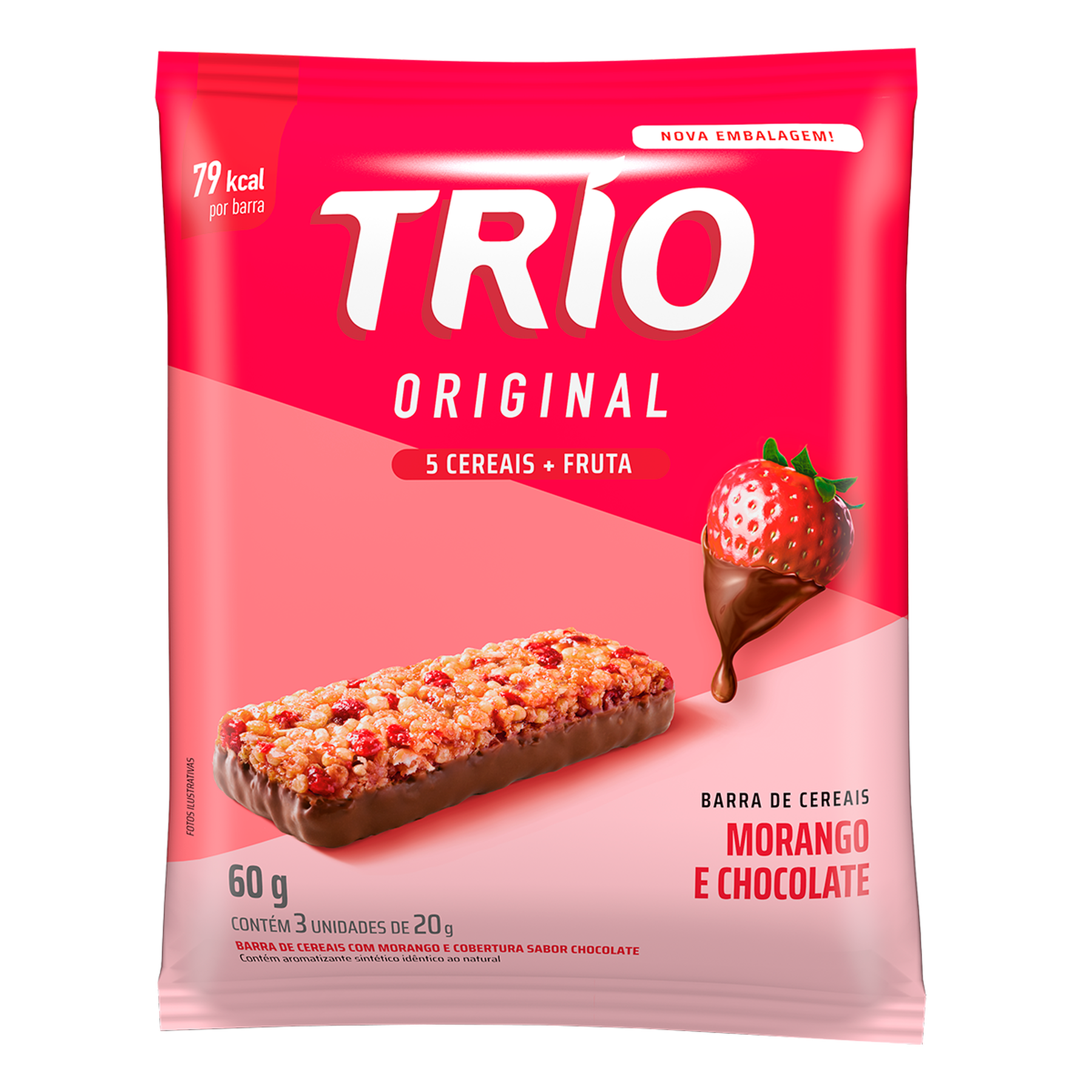 Barra de Cereais Morango e Chocolate Trio 60g C/3 Unidades&nbsp;
