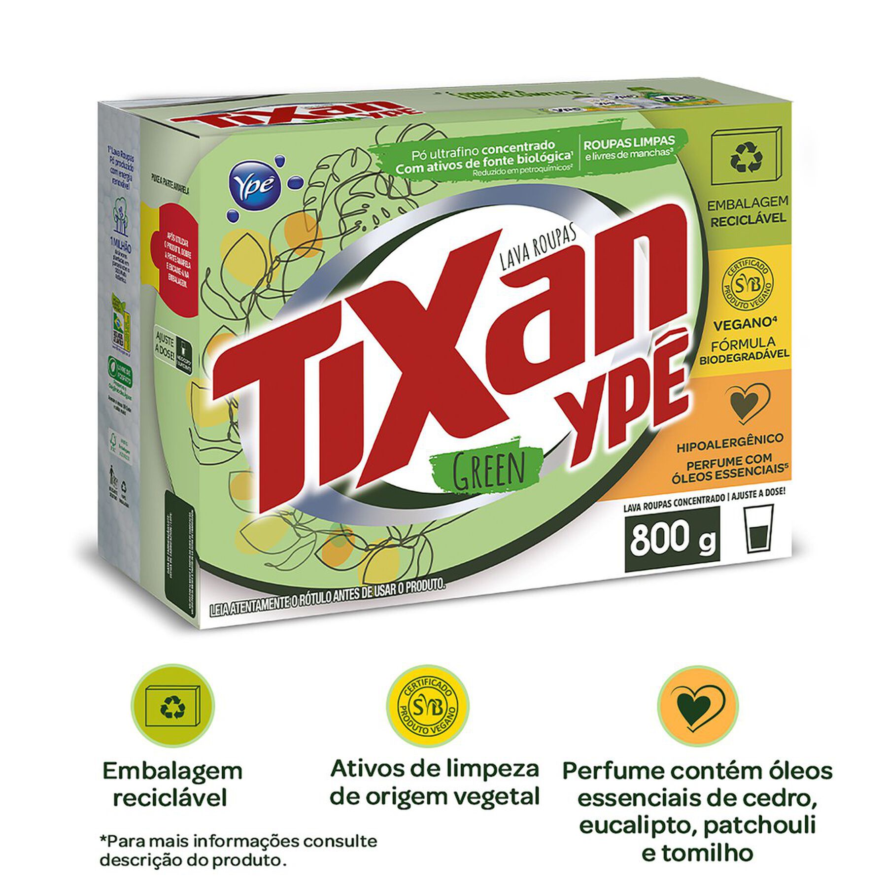 Sab&atilde;o em P&oacute; Lava Roupas Concentrado Green Tixan Yp&ecirc; Caixa 800g&nbsp;