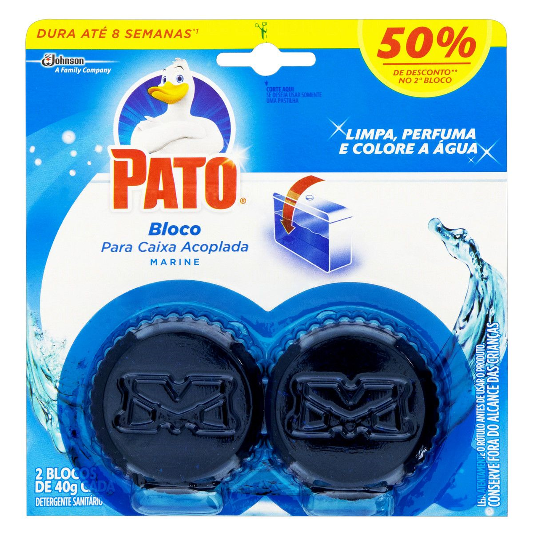 Detergente Sanit&aacute;rio Bloco para Caixa Acoplada Marine Pato 40g Cada C/2 Unidades - Embalagem Gr&aacute;tis 50% de Desconto no 2&deg;Bloco&nbsp;