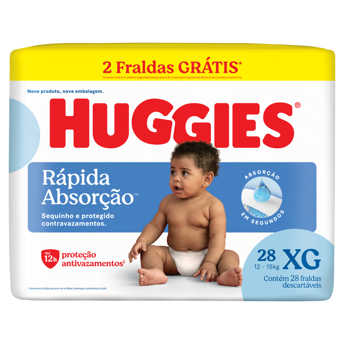Fralda Descart&aacute;vel Infantil R&aacute;pida Absor&ccedil;&atilde;o Huggies XG Pacote C/28 Unidades - Embalagem Gr&aacute;tis 2 Fraldas