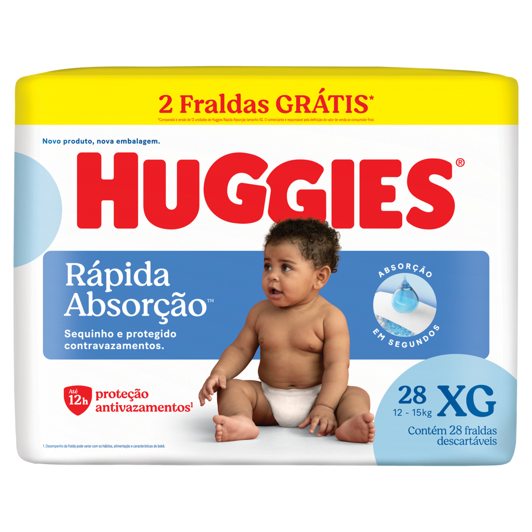 Fralda Descartável Infantil Rápida Absorção Huggies XG Pacote C/28 Unidades - Embalagem Grátis 2 Fraldas